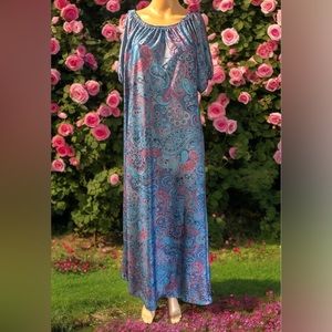 VTG 70s Sears 'At Home Wear' Nightgown /Robe Blue Pink Paisley Print Sz M
